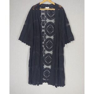 Umgee Sheer Lace Kimono Duster M Boho Crochet Embroidered Festival Black Mesh